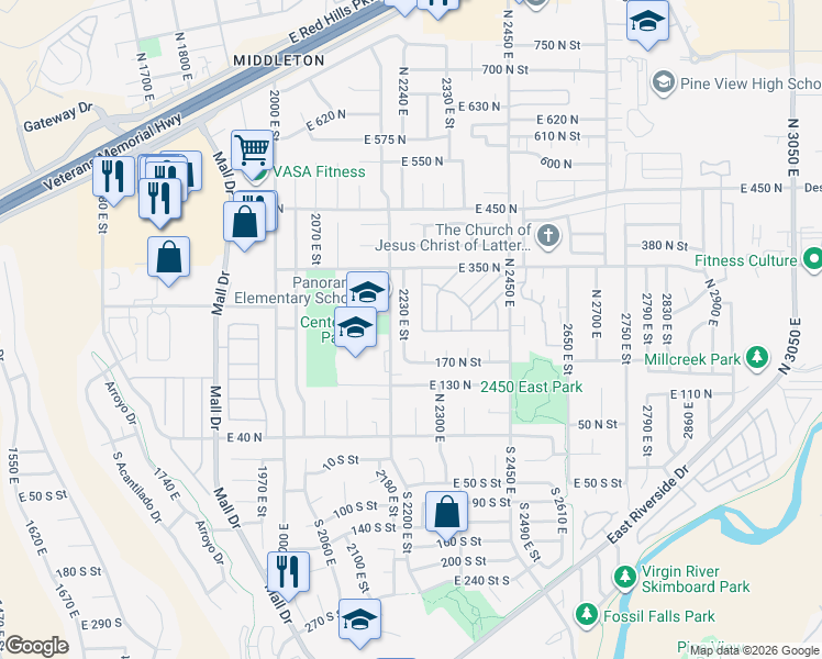map of restaurants, bars, coffee shops, grocery stores, and more near 230 North 2230 East in St. George