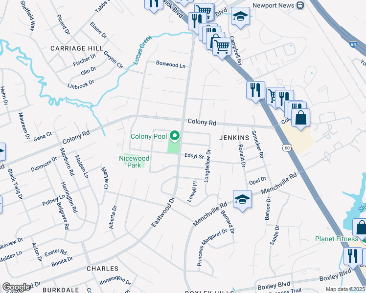 map of restaurants, bars, coffee shops, grocery stores, and more near 162 Melville Drive in Newport News