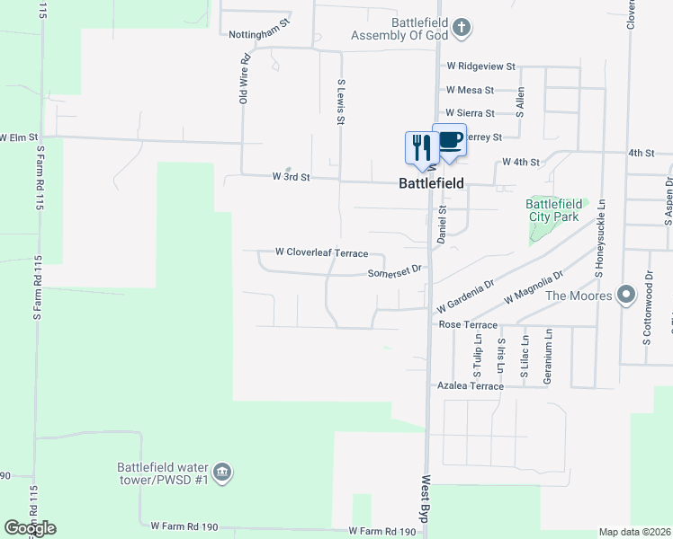 map of restaurants, bars, coffee shops, grocery stores, and more near 5699 South Lewis Street in Battlefield