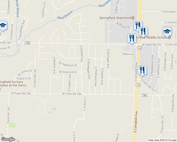 map of restaurants, bars, coffee shops, grocery stores, and more near 5600 South Stonegate Avenue in Springfield