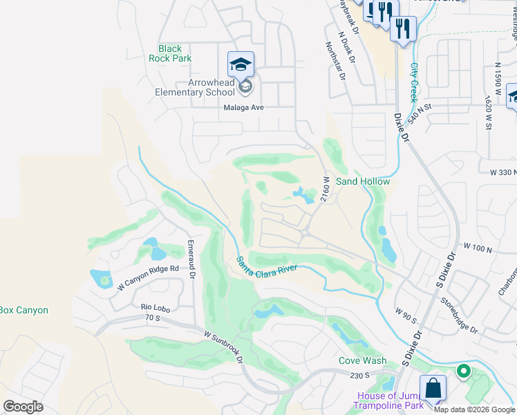 map of restaurants, bars, coffee shops, grocery stores, and more near 225 North Country Lane in St. George