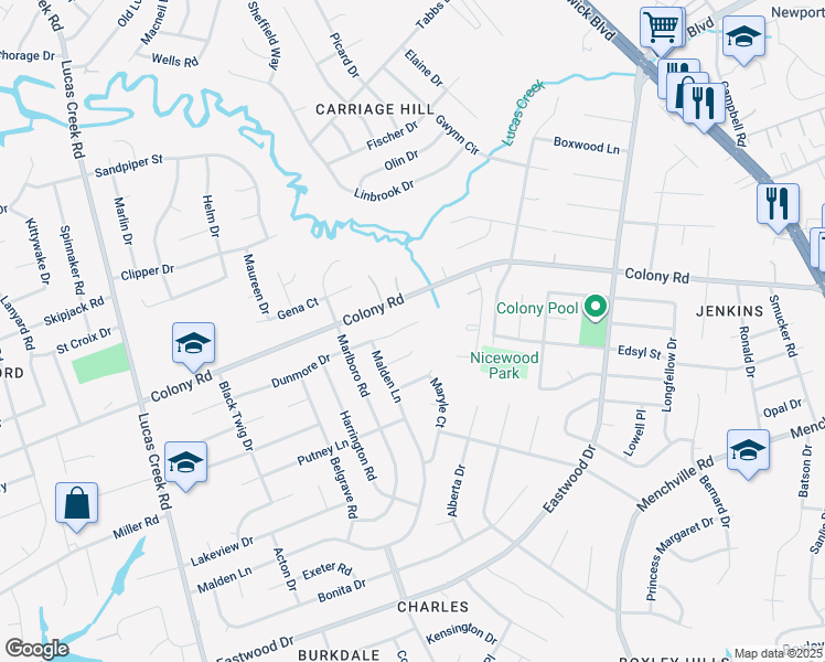 map of restaurants, bars, coffee shops, grocery stores, and more near 409 Dunmore Drive in Newport News
