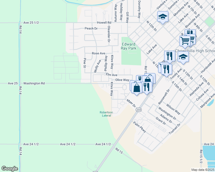 map of restaurants, bars, coffee shops, grocery stores, and more near 14650 Avenue 25 in Chowchilla