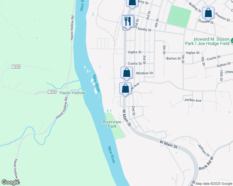 map of restaurants, bars, coffee shops, grocery stores, and more near 19 Montgomery Street in Radford