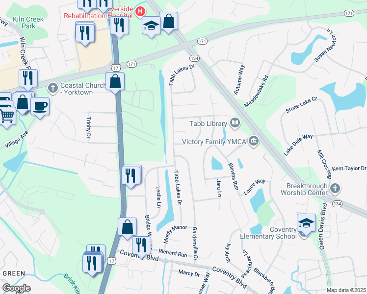 map of restaurants, bars, coffee shops, grocery stores, and more near 104 Tiger Paw Path in Yorktown