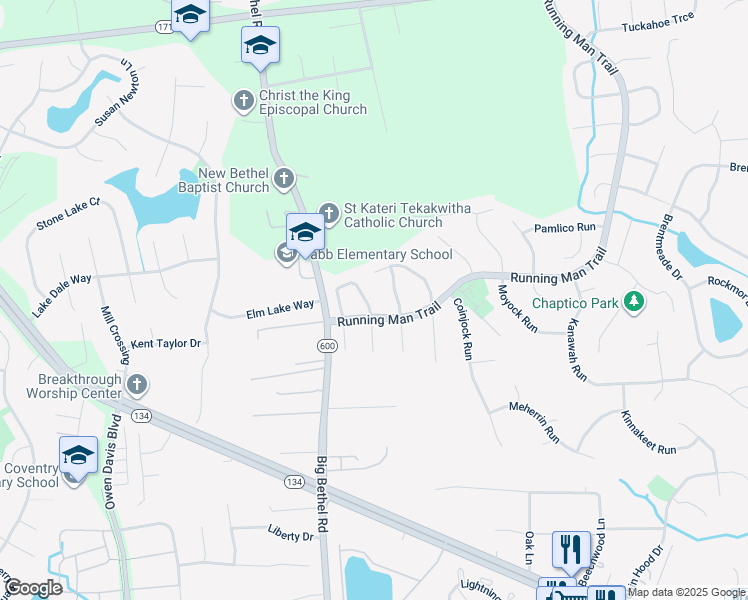map of restaurants, bars, coffee shops, grocery stores, and more near 119 Manassas Loop in Yorktown