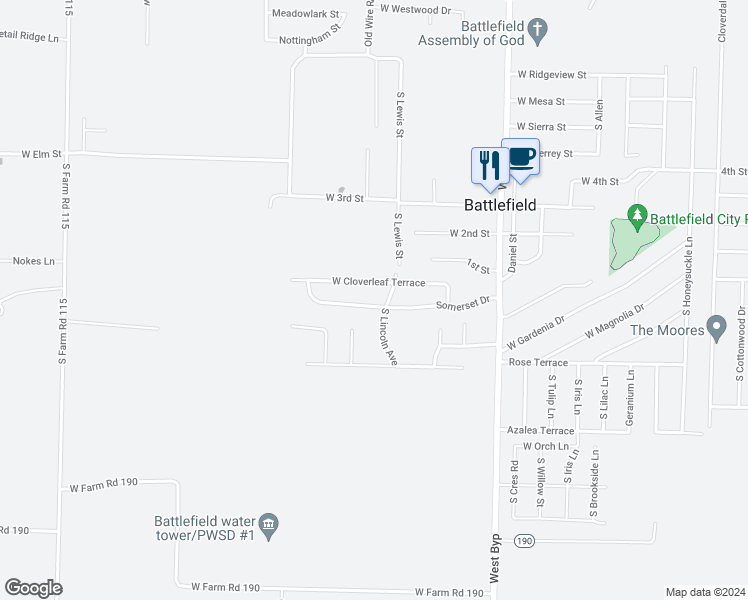 map of restaurants, bars, coffee shops, grocery stores, and more near 4507 Somerset Drive in Battlefield