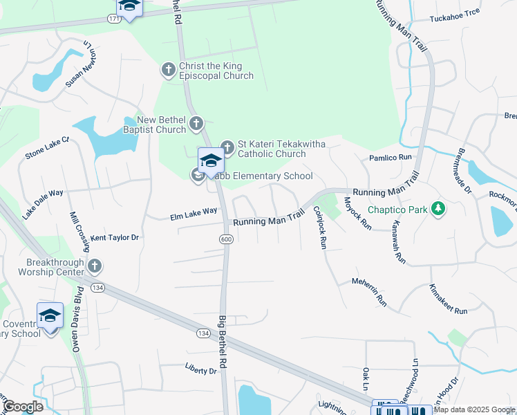 map of restaurants, bars, coffee shops, grocery stores, and more near 119 Manassas Loop in Yorktown