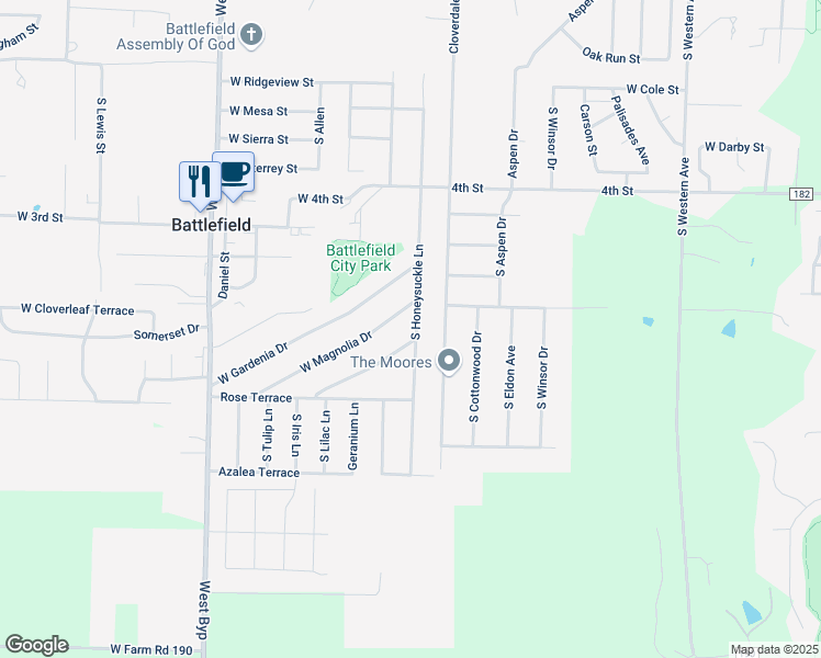 map of restaurants, bars, coffee shops, grocery stores, and more near 3948 West Magnolia Drive in Battlefield