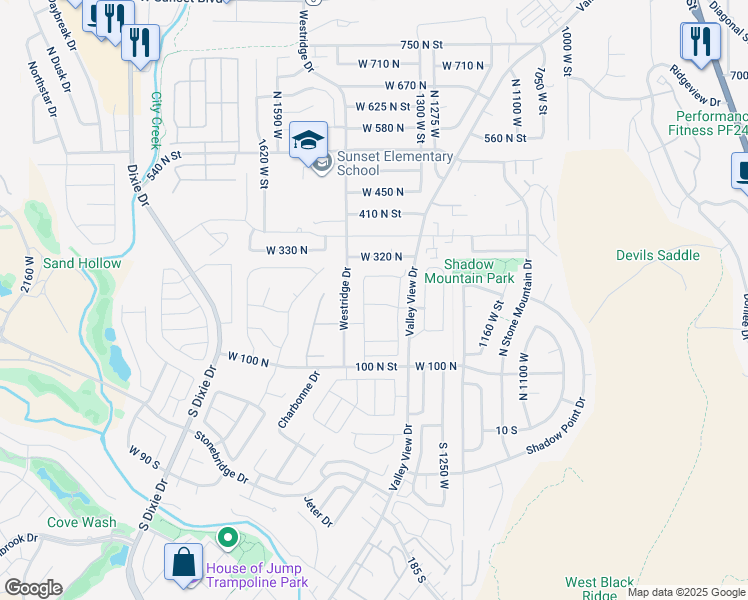map of restaurants, bars, coffee shops, grocery stores, and more near 225 Valley View Drive in St. George