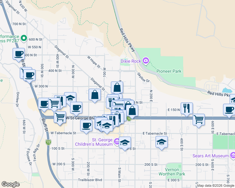 map of restaurants, bars, coffee shops, grocery stores, and more near 260 North Main Street in St. George