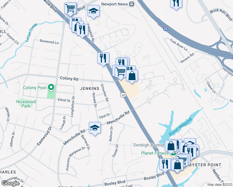 map of restaurants, bars, coffee shops, grocery stores, and more near 13195 Warwick Boulevard in Newport News