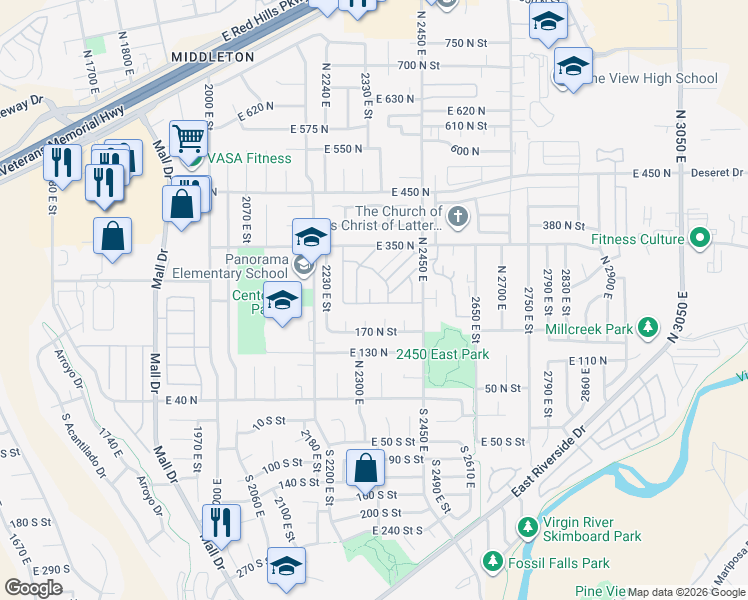 map of restaurants, bars, coffee shops, grocery stores, and more near 345 North 2450 East in St. George