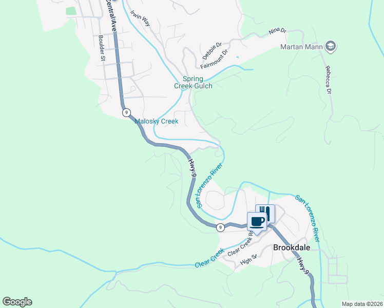 map of restaurants, bars, coffee shops, grocery stores, and more near 12070 California 9 in Boulder Creek