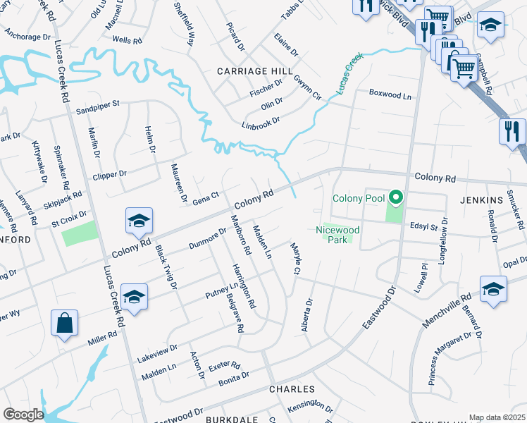 map of restaurants, bars, coffee shops, grocery stores, and more near 283 Colony Road in Newport News