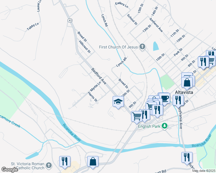 map of restaurants, bars, coffee shops, grocery stores, and more near 1106 Bedford Avenue in Altavista