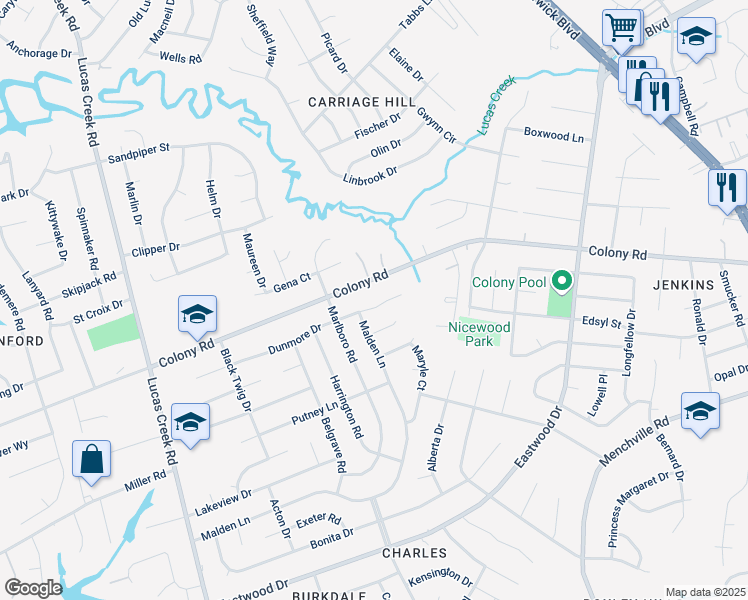 map of restaurants, bars, coffee shops, grocery stores, and more near 283 Colony Road in Newport News