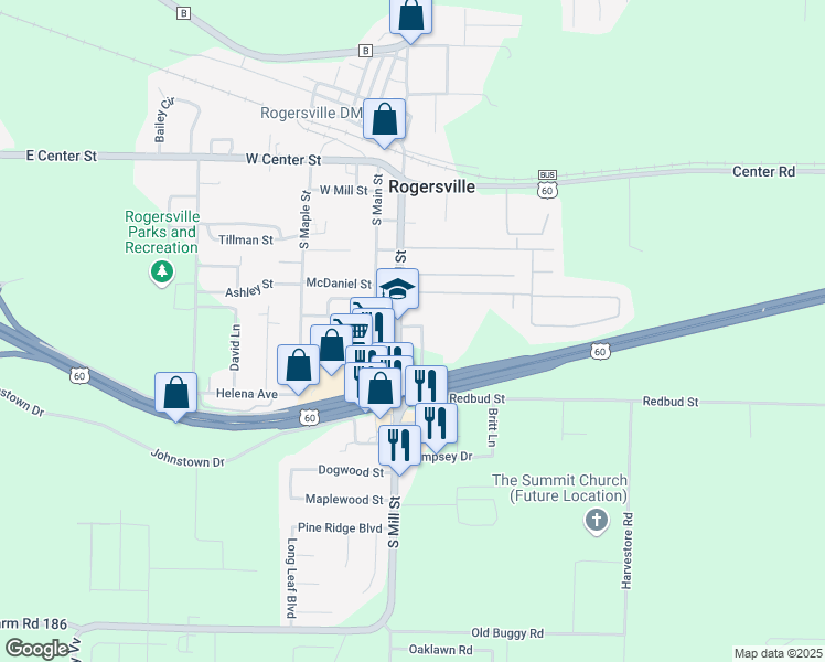 map of restaurants, bars, coffee shops, grocery stores, and more near 306 South Mill Street in Rogersville