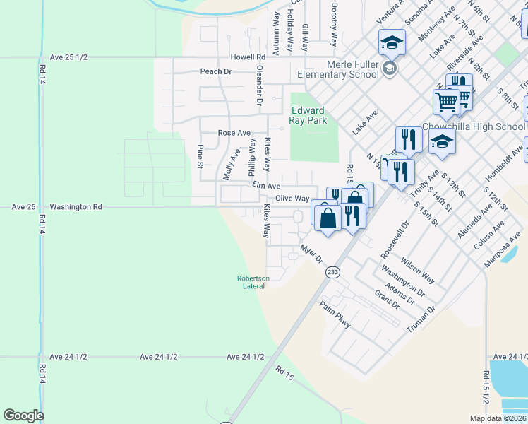 map of restaurants, bars, coffee shops, grocery stores, and more near Avenue 25 in Chowchilla