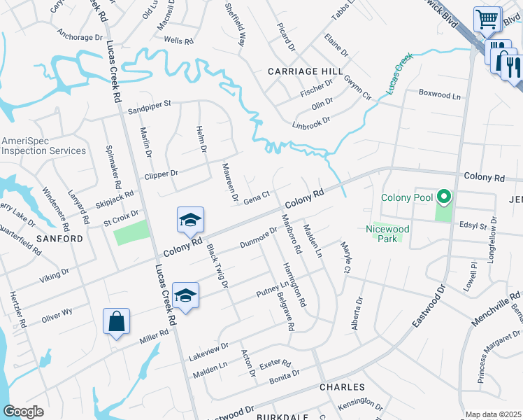 map of restaurants, bars, coffee shops, grocery stores, and more near 246 Gena Court in Newport News