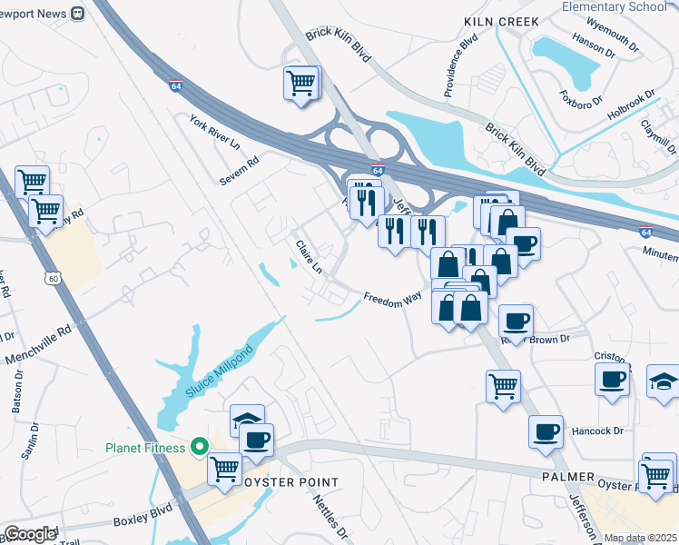 map of restaurants, bars, coffee shops, grocery stores, and more near 301 Continental Parkway in Newport News