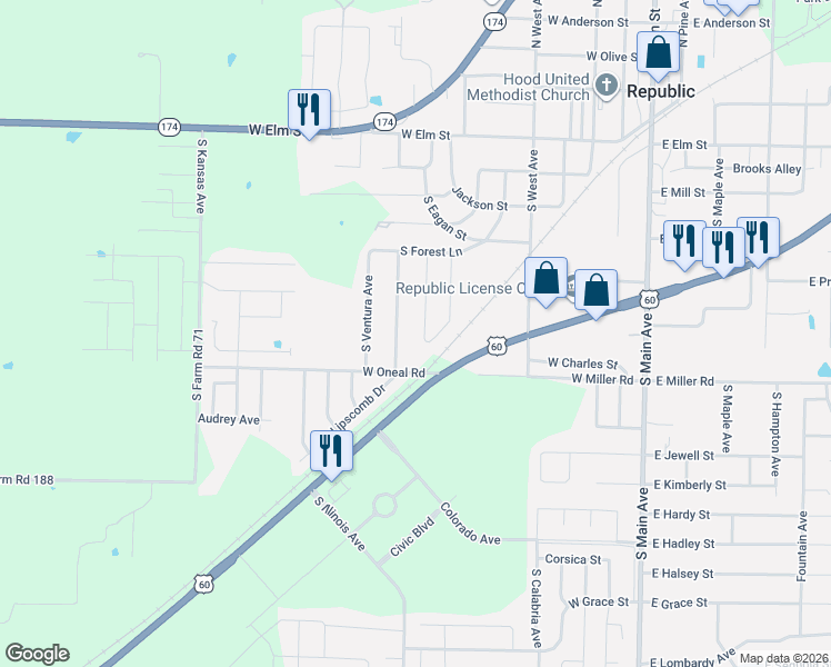 map of restaurants, bars, coffee shops, grocery stores, and more near 508 South Concordia Avenue in Republic