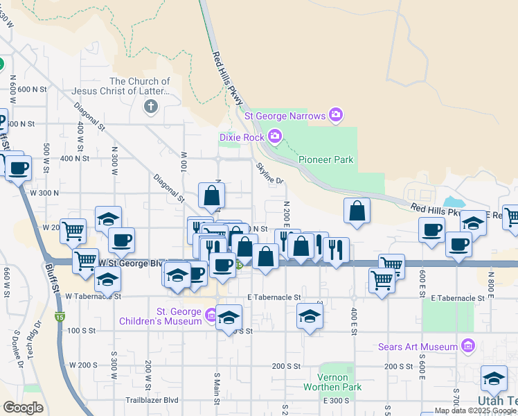 map of restaurants, bars, coffee shops, grocery stores, and more near 254 North 100 East in St. George