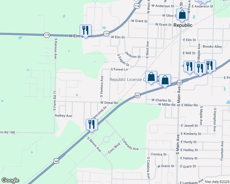 map of restaurants, bars, coffee shops, grocery stores, and more near 508 South Concordia Avenue in Republic