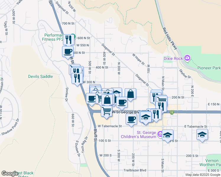 map of restaurants, bars, coffee shops, grocery stores, and more near 333 West 300 North in St. George