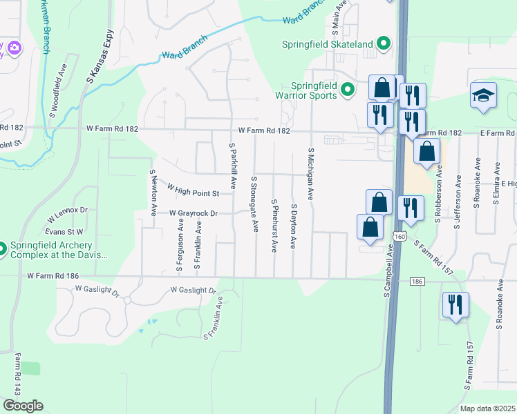 map of restaurants, bars, coffee shops, grocery stores, and more near 5600 South Stonegate Avenue in Springfield