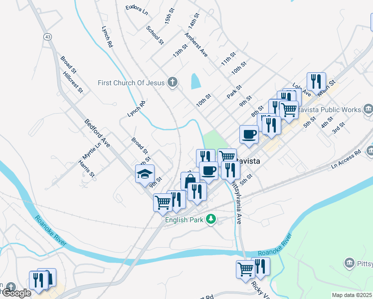 map of restaurants, bars, coffee shops, grocery stores, and more near 600 9th Street in Altavista