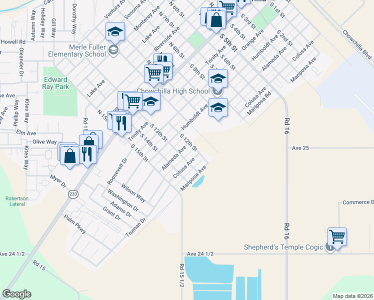 map of restaurants, bars, coffee shops, grocery stores, and more near 1209 Alameda Avenue in Chowchilla