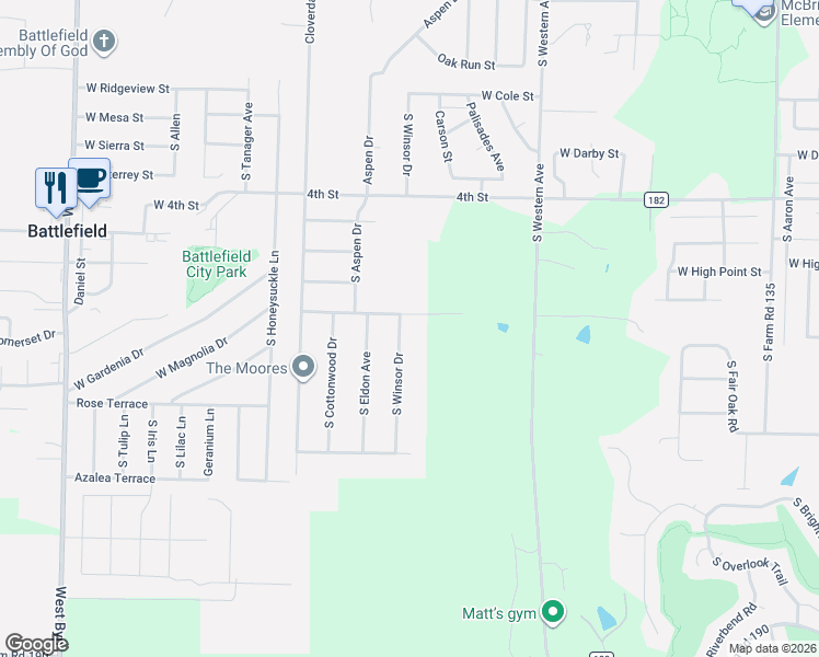 map of restaurants, bars, coffee shops, grocery stores, and more near West Cloverleaf Terrace in Battlefield