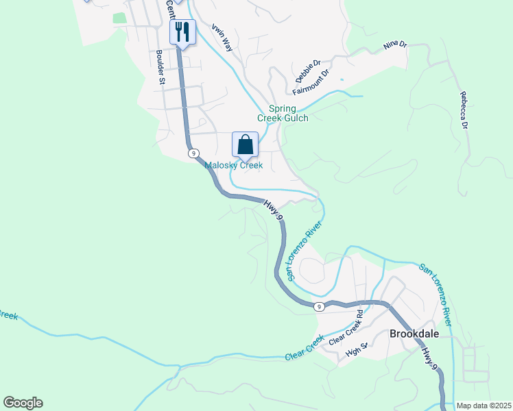map of restaurants, bars, coffee shops, grocery stores, and more near 200 Prospect Avenue in Boulder Creek