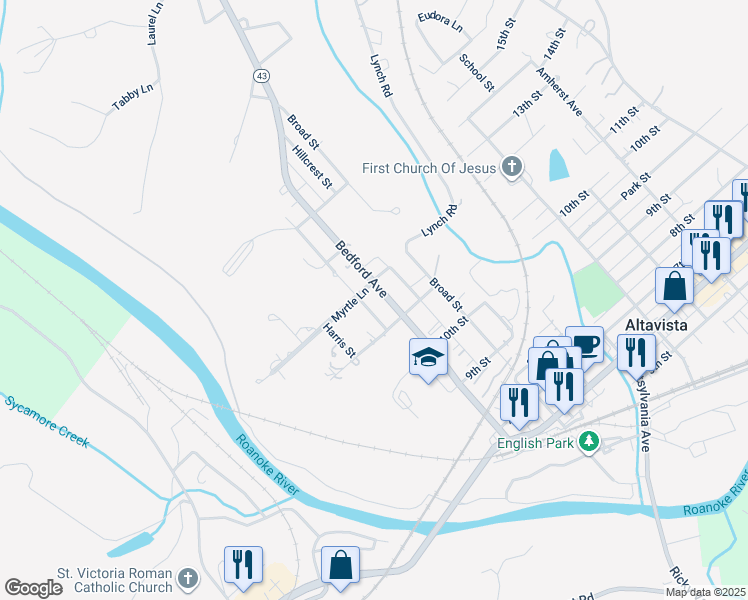 map of restaurants, bars, coffee shops, grocery stores, and more near 1106 Bedford Avenue in Altavista