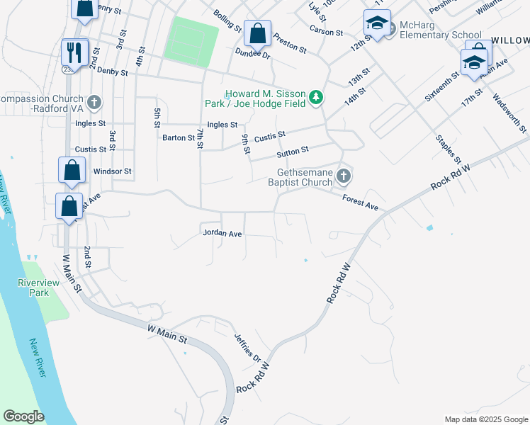 map of restaurants, bars, coffee shops, grocery stores, and more near 921 Forest Avenue in Radford