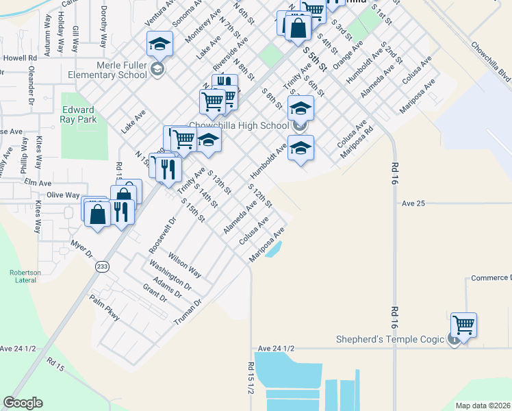 map of restaurants, bars, coffee shops, grocery stores, and more near 1209 Alameda Avenue in Chowchilla