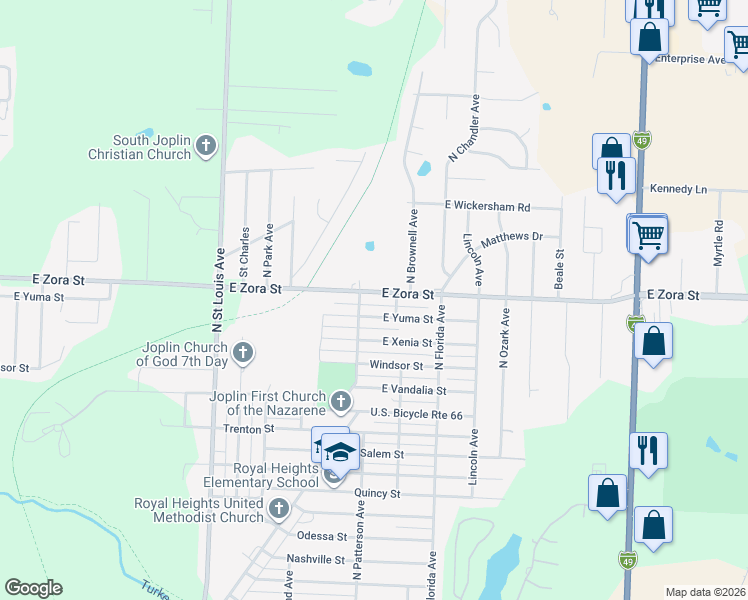 map of restaurants, bars, coffee shops, grocery stores, and more near 2298 East Zora Street in Joplin