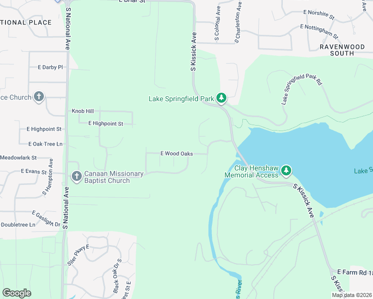 map of restaurants, bars, coffee shops, grocery stores, and more near 1555 East Wood Oaks in Springfield