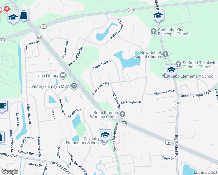 map of restaurants, bars, coffee shops, grocery stores, and more near 215 Mill Crossing in Yorktown