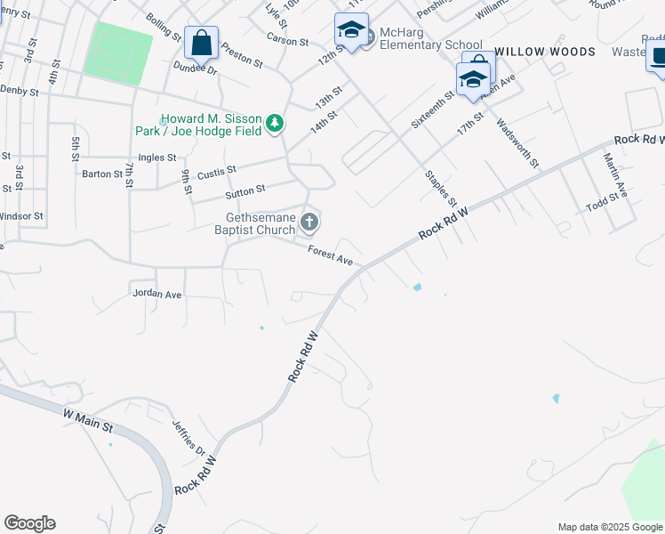 map of restaurants, bars, coffee shops, grocery stores, and more near 1400 Forest Avenue in Radford