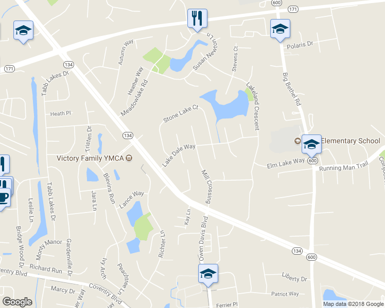 map of restaurants, bars, coffee shops, grocery stores, and more near 215 Mill Crossing in Yorktown