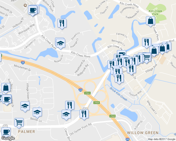 map of restaurants, bars, coffee shops, grocery stores, and more near 944 Willbrook Road in Newport News