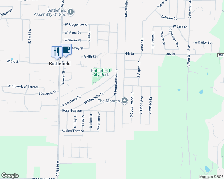 map of restaurants, bars, coffee shops, grocery stores, and more near 3948 West Magnolia Drive in Battlefield