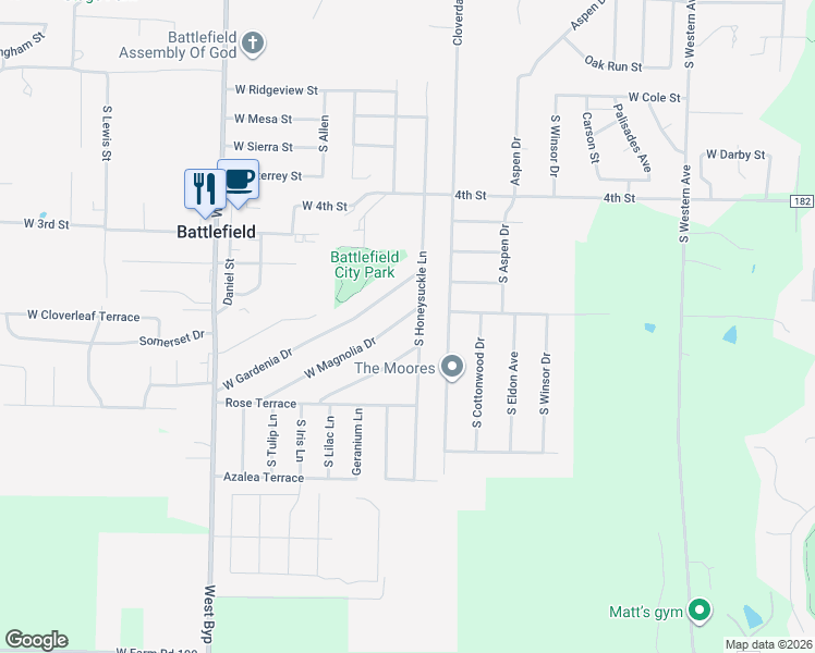 map of restaurants, bars, coffee shops, grocery stores, and more near 3948 West Magnolia Drive in Battlefield
