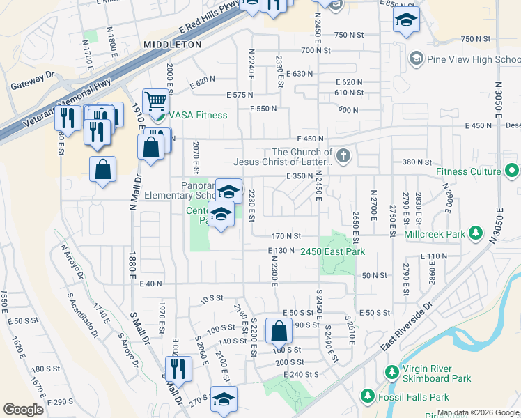 map of restaurants, bars, coffee shops, grocery stores, and more near 345 North 2450 East in St. George