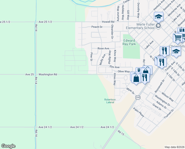 map of restaurants, bars, coffee shops, grocery stores, and more near 14498 Washington Road in Chowchilla
