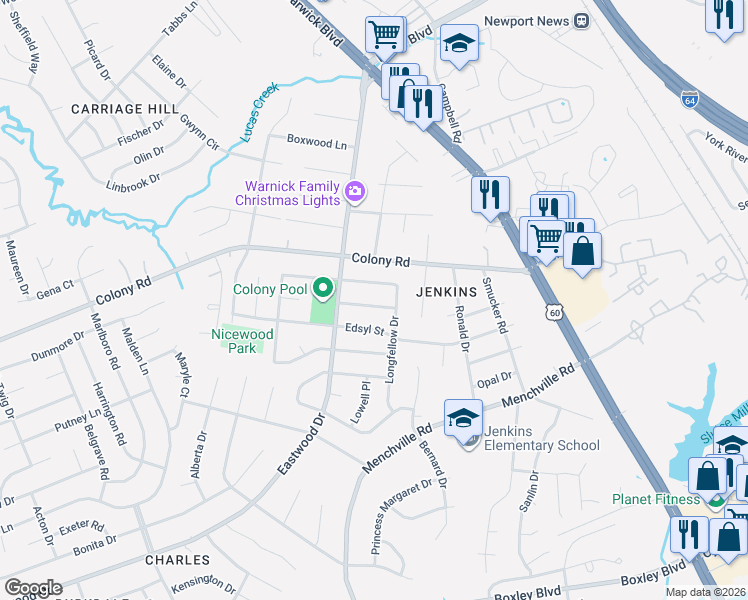 map of restaurants, bars, coffee shops, grocery stores, and more near 149 Hawthorne Drive in Newport News