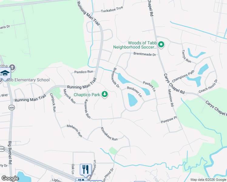 map of restaurants, bars, coffee shops, grocery stores, and more near 324 Brentmeade Drive in Yorktown