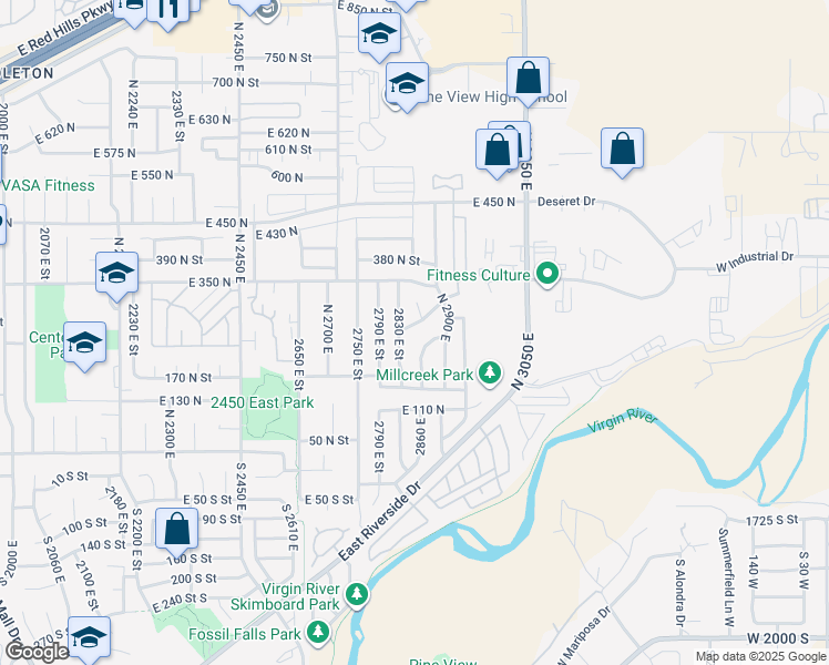 map of restaurants, bars, coffee shops, grocery stores, and more near 2862 Overlook Drive in St. George
